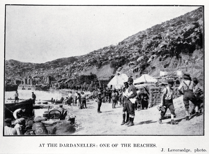 Soldiers near a Red Cross medical tent on one of the beaches at the Dardanelles, Gallipoli Soldiers near a Red Cross medical tent on one of the beaches at the Dardanelles, Gallipoli
