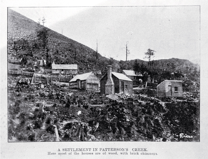 A settlement in Patterson's Stream : a bush-clad area where to the left lie the Southern Alps and to the right the Waimakariri River. A settlement in Patterson's Stream : a bush-clad area where to the left lie the Southern Alps and to the right the Waimakariri River.