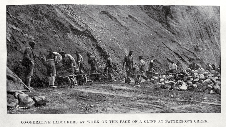 Co-operative labourers at work on the face of a cliff at Patterson's Stream Co-operative labourers at work on the face of a cliff at Patterson's Stream