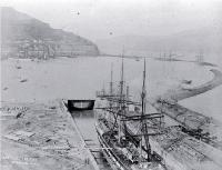 New Zealand Shipping Company's Hurunui, the first ship to enter the new graving dock at Lyttelton, Jan. 1883