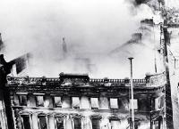 View of still-smoking Ballantynes after the fire of 1947