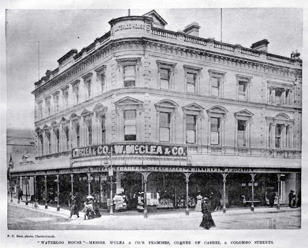 Shoppers strolling by Waterloo House, corner of Cashel and Colombo Streets, Christchurch Shoppers strolling by Waterloo House, corner of Cashel and Colombo Streets, Christchurch