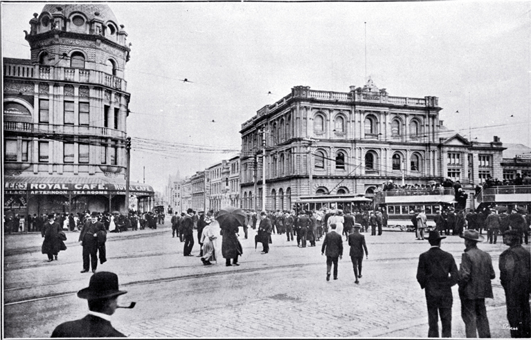 Easter Monday in Cathedral Square, Christchurch : to the left is the Royal Exchange Building, to right the AMP Society building. Easter Monday in Cathedral Square, Christchurch : to the left is the Royal Exchange Building, to right the AMP Society building.