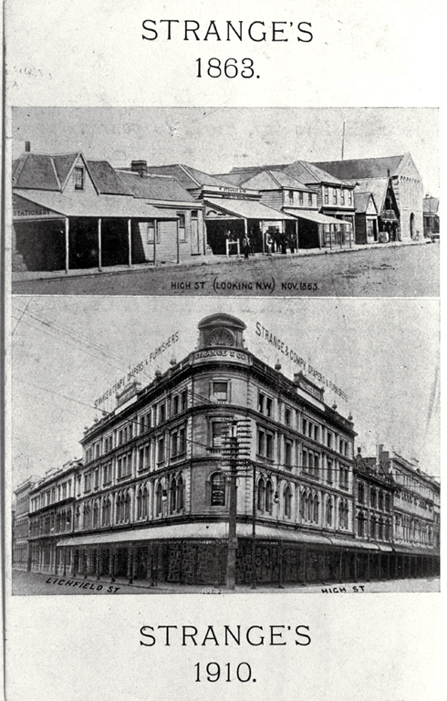 Card showing W. Strange & Co. Ltd premises in 1863 and 1910, Christchurch : used to notify customers that their orders had arrived. Card showing W. Strange & Co. Ltd premises in 1863 and 1910, Christchurch : used to notify customers that their orders had arrived.