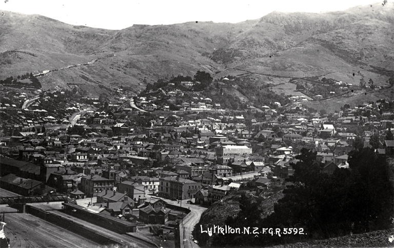 Railway lines at Lyttelton and panoramic view of houses and hills Railway lines at Lyttelton and panoramic view of houses and hills