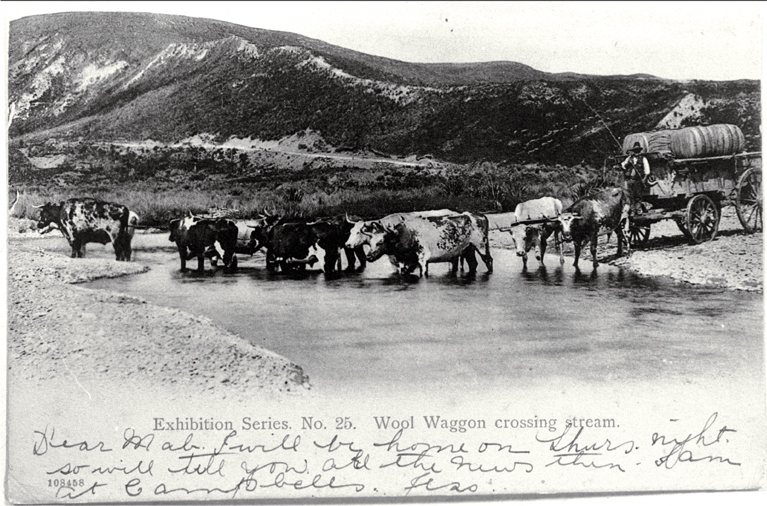 Wool wagon crossing stream Wool wagon crossing stream