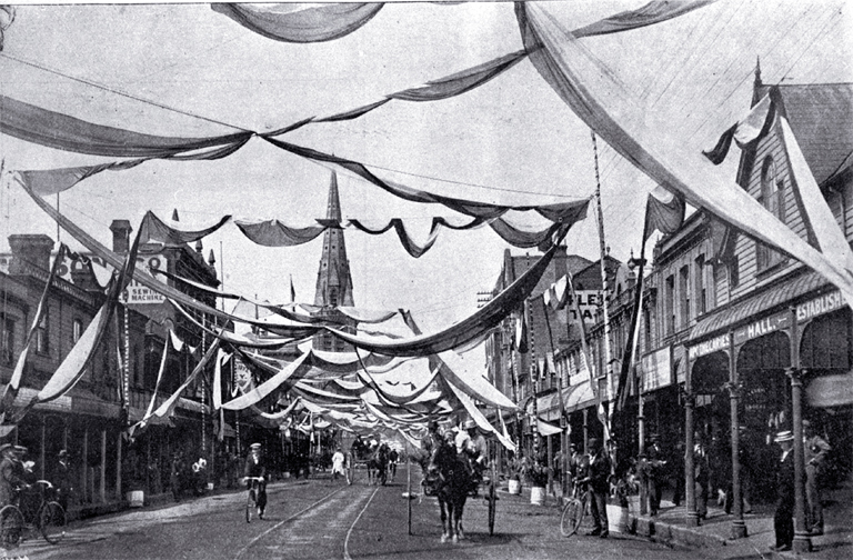 Street decorations for the Canterbury jubilee celebrations in December 1900 shown here in Colombo Street north Street decorations for the Canterbury jubilee celebrations in December 1900 shown here in Colombo Street north