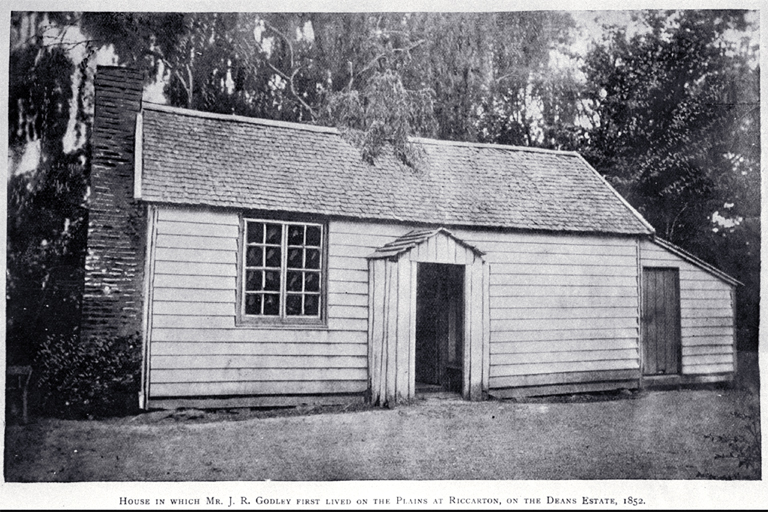 The house in which John Robert Godley first lived in Canterbury, on the Deans estate in Riccarton in 1852 The house in which John Robert Godley first lived in Canterbury, on the Deans estate in Riccarton in 1852