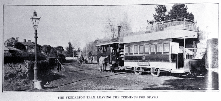 The Fendalton tram shown leaving the terminus in Fendalton outside the entrance to Mona Vale by the railway line The Fendalton tram shown leaving the terminus in Fendalton outside the entrance to Mona Vale by the railway line