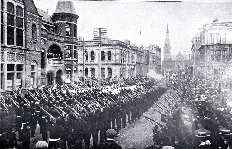 Christchurch volunteers shown firing a feu-de-joie after the Mayor of Christchurch (George Payling) delivered the proclamation of the change of status of New Zealand from a colony to a dominion Christchurch volunteers shown firing a feu-de-joie after the Mayor of Christchurch (George Payling) delivered the proclamation of the change of status of New Zealand from a colony to a dominion