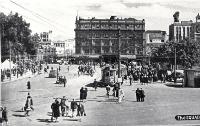 Pedestrians and a tram in Cathedral Square, Christchurch 