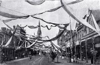 Street decorations for the Canterbury Jubilee celebrations in December 1900 shown in Colombo Street north, Christchurch