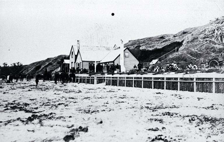 A gathering outside Odman's Hotel on the Waitangi foreshore A gathering outside Odman's Hotel on the Waitangi foreshore