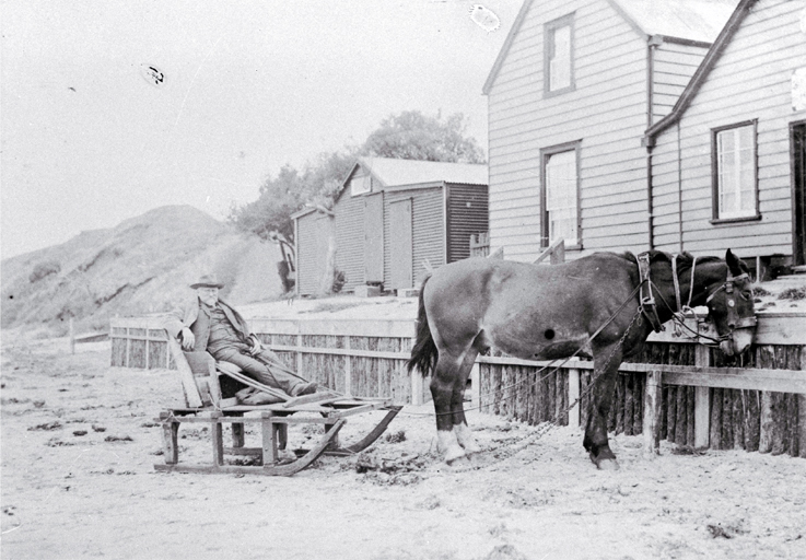 A crippled Alexander Shand on a sled at Waitangi shortly before his death in 1910 A crippled Alexander Shand on a sled at Waitangi shortly before his death in 1910