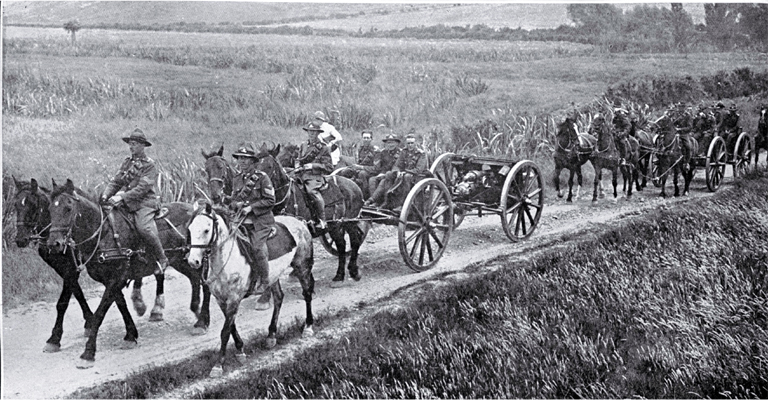Horse-drawn gun teams of the 9th Battery hauling 18 pounders on the move at the annual artillerymen's camp at Sandown, near Sheffield Horse-drawn gun teams of the 9th Battery hauling 18 pounders on the move at the annual artillerymen's camp at Sandown, near Sheffield