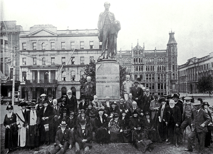 Survivors of the first six ships grouped around the Godley statue, Cathedral Square, Christchurch Survivors of the first six ships grouped around the Godley statue, Cathedral Square, Christchurch