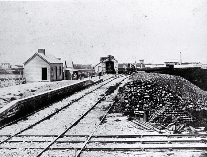 The first Christchurch railway station on the broad-gauge line that ran to Ferrymead : trains are no. 1 (Pilgrim) & no. 2 locomotives. The first Christchurch railway station on the broad-gauge line that ran to Ferrymead : trains are no. 1 (Pilgrim) & no. 2 locomotives.