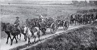 Horse-drawn gun teams of the 9th Battery hauling 18 pounders on the move at the annual artillerymen's camp at Sandown, near Sheffield