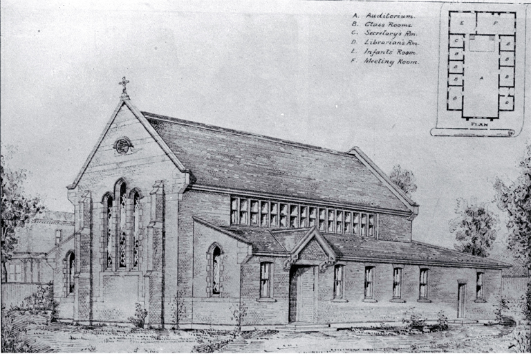 Plan for the Methodist Sunday School building, St Albans, Christchurch, to replace the old building destroyed by fire Plan for the Methodist Sunday School building, St Albans, Christchurch, to replace the old building destroyed by fire