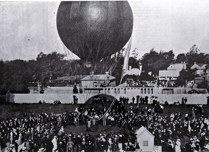 Balloonist Captain Lorraine shown in his first successful ascent in Christchurch Balloonist Captain Lorraine shown in his first successful ascent in Christchurch