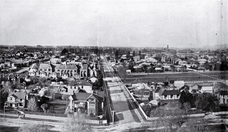 Panorama view of Christchurch from the Exhibition Tower looking to the east, with Cranmer Square and Kilmore Street at centre Panorama view of Christchurch from the Exhibition Tower looking to the east, with Cranmer Square and Kilmore Street at centre