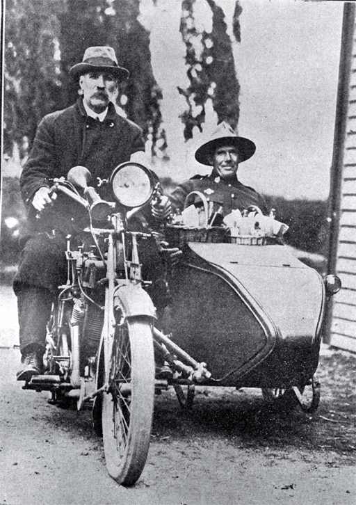 A returned soldier in a motorcycle sidecar taking food to patients during the 1918 influenza epidemic A returned soldier in a motorcycle sidecar taking food to patients during the 1918 influenza epidemic