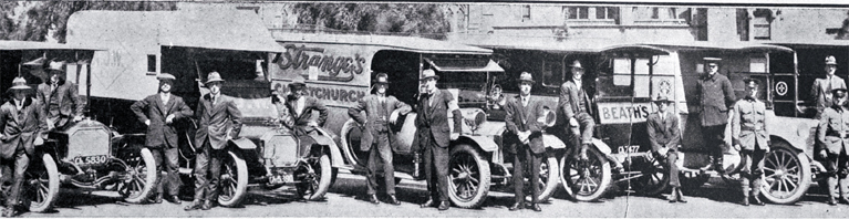 Some members of the St John Ambulance Brigade with the vehicles used as ambulances during the influenza epidemic Some members of the St John Ambulance Brigade with the vehicles used as ambulances during the influenza epidemic