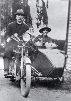 A returned soldier in a motorcycle sidecar taking food to patients during the 1918 influenza epidemic