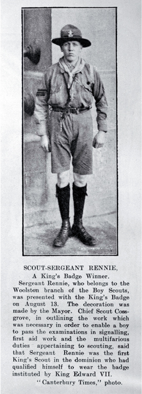 Scout-Sergent Rennie, a King's Badge winner of the Woolston branch of the Boy Scouts, Christchurch Scout-Sergent Rennie, a King's Badge winner of the Woolston branch of the Boy Scouts, Christchurch