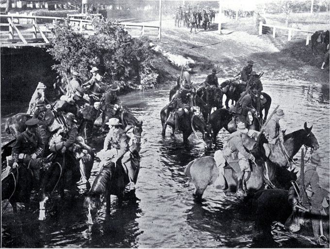 Troops watering horses in the Avon River near Carlton Bridge, Christchurch Troops watering horses in the Avon River near Carlton Bridge, Christchurch