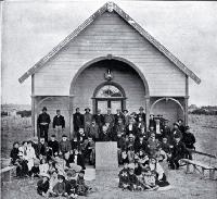 "The natives assembled in front of the Arowhenua Pa meeting house, Temuka"