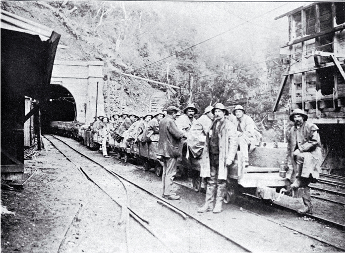 Men about to go to work on the Otira end of the Arthur's Pass Tunnel Men about to go to work on the Otira end of the Arthur's Pass Tunnel