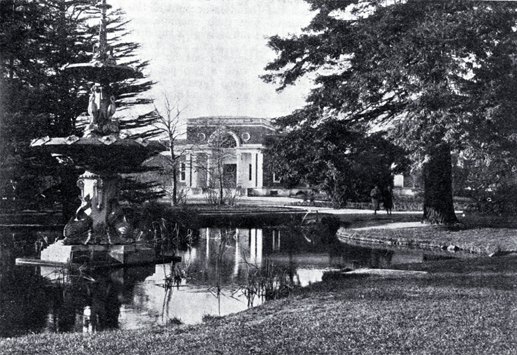 A view of the lily pond and Peacock Fountain with the McDougall Art Gallery in the background, Botanic Gardens, Christchurch A view of the lily pond and Peacock Fountain with the McDougall Art Gallery in the background, Botanic Gardens, Christchurch