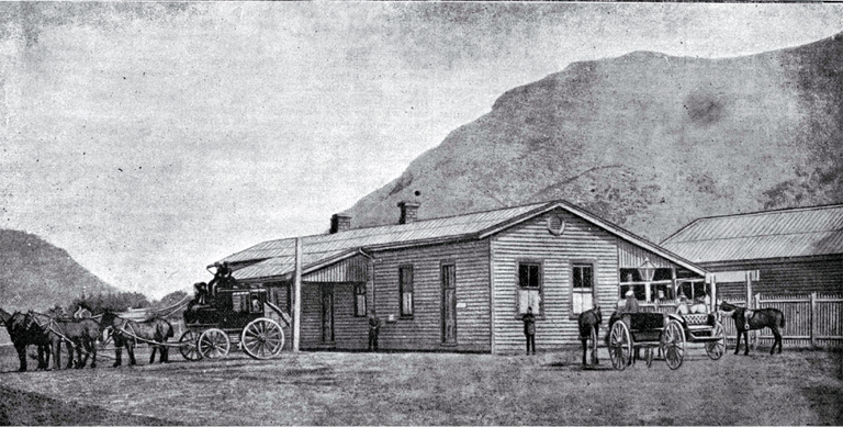 The Little River railway station : the coach shown leaving for Akaroa. The Little River railway station : the coach shown leaving for Akaroa.