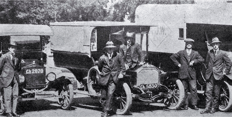 A section of a long photograph of vehicles used by the St John Ambulance Brigade as ambulances during the 1918 influenza epidemic A section of a long photograph of vehicles used by the St John Ambulance Brigade as ambulances during the 1918 influenza epidemic