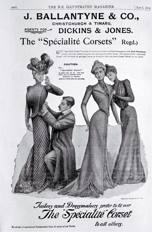 An advertisement for corsets sold by J. Ballantyne & Co., Christchurch and Timaru An advertisement for corsets sold by J. Ballantyne & Co., Christchurch and Timaru