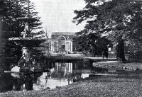 A view of the lily pond and Peacock Fountain with the McDougall Art Gallery in the background, Botanic Gardens, Christchurch [1935]