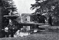 A view of the lily pond and Peacock Fountain with the McDougall Art Gallery in the background, Botanic Gardens, Christchurch