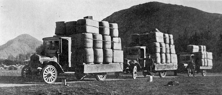 A portion of the wool clip leaving Lake Coleridge station for the railway at Glenntunnel. A portion of the wool clip leaving Lake Coleridge station for the railway at Glenntunnel.
