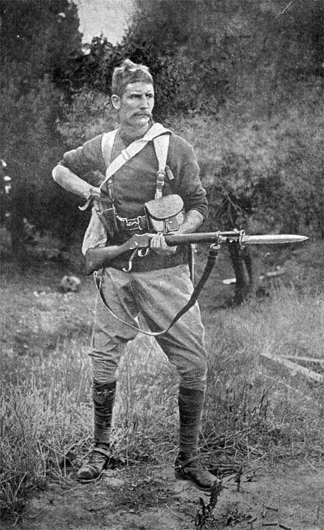 A Canterbury trooper, 3rd New Zealand Mounted Rifles (Rough Riders), preparing to depart for the Boer War (1899-1902) A Canterbury trooper, 3rd New Zealand Mounted Rifles (Rough Riders), preparing to depart for the Boer War (1899-1902)