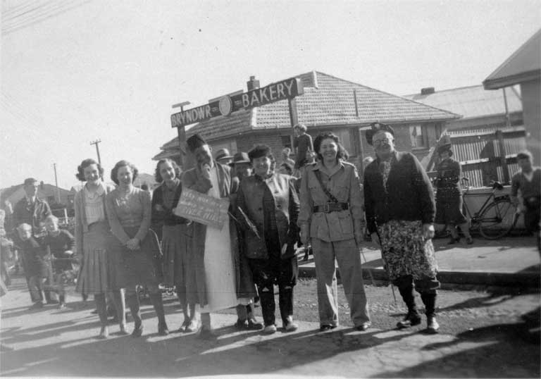 Some of the crowd who celebrated VJ Day (14 August 1945) shown at the corner of Strowan and Normans Roads, Bryndwr Some of the crowd who celebrated VJ Day (14 August 1945) shown at the corner of Strowan and Normans Roads, Bryndwr