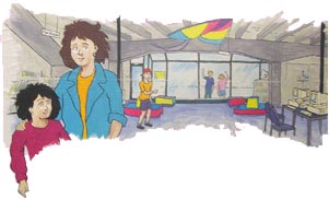 Then, suddenly, Sam saw them, running along the footpath outside the library, leaning against the library window, peering into the children's room, laughing and pointing at their shoes.