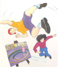 Suddenly, a vast and icy wind swirled out of the picture, spinning the two children up and away.