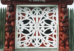 Kowhaiwhai detail on the gates at the entrance to Nga Hau e Wha National Marae.