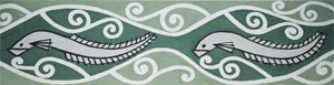 Stylised tuna featured on the walls of the Wharekai, Ngati Moki Marae