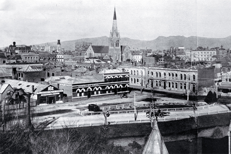 A view of the heart of Christchurch city taken from the Provincial Buildings at the time of Canterbury's Diamond Jubilee A view of the heart of Christchurch city taken from the Provincial Buildings at the time of Canterbury's Diamond Jubilee