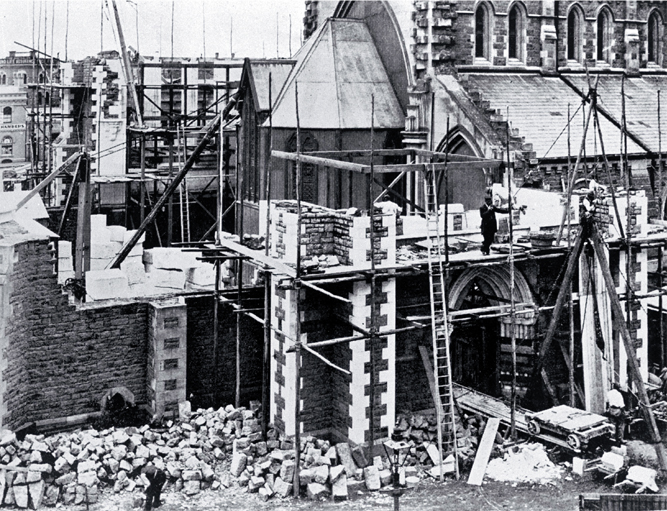 Construction being completed on the transept & chancel of the Christchurch Cathedral, begun in 1898 & completed 1904 Construction being completed on the transept & chancel of the Christchurch Cathedral, begun in 1898 & completed 1904