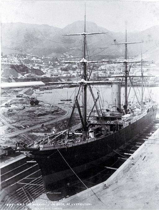 The NZ Shipping Co's Aorangi in the graving dock at Lyttelton Harbour The NZ Shipping Co's Aorangi in the graving dock at Lyttelton Harbour