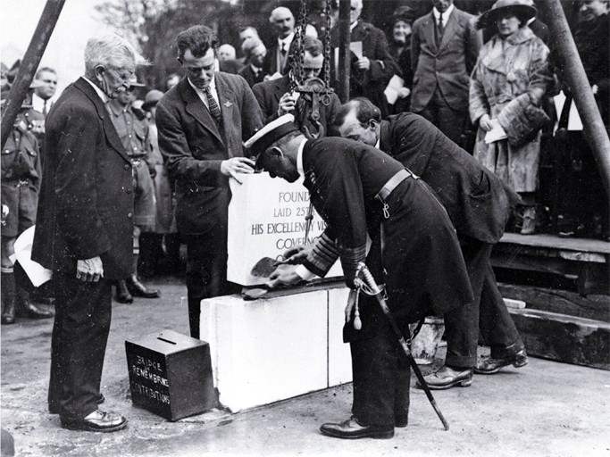 Govenor-General Viscount Jellicoe levelling the foundation stone of the Bridge of Remembrance Govenor-General Viscount Jellicoe levelling the foundation stone of the Bridge of Remembrance