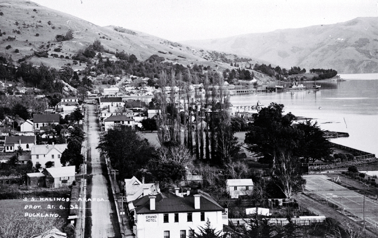A view from a postcard of Akaroa township A view from a postcard of Akaroa township